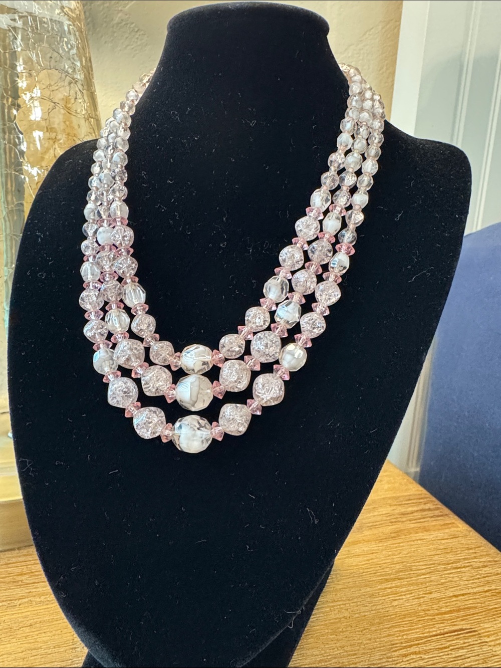 Vintage Triple-Strand Pink Beaded Necklace with Shimmering Faceted Glass Beads